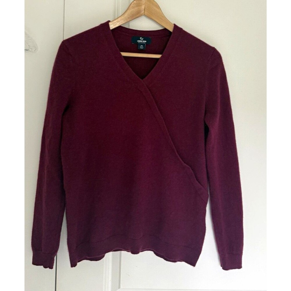 Lands' End Women’s 100% Cashmere V-Neck Knit  Sweater M Burgundy